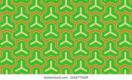 A vibrant harmonious dance of green and gold geometric shapes. Repeating motifs create a sense of depth and dimension.