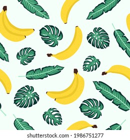 Vibrant Hawaiian tropical hand drawn seamless pattern with bananas and green monstera leaves on light green background. Great for fabric, packaging, scrapbooking.