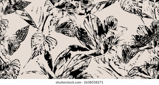 Vibrant Hawaiian-inspired seamless botanical art. Abstract exotic jungle flora, lush foliage, and tropical flowers. Hippie graphic backdrop for fabric fashion, black-green decoration design.