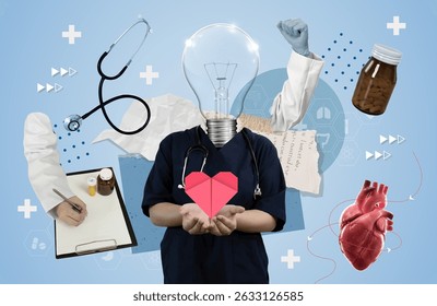 A vibrant Health care collage showcasing medical symbols like stethoscopes and hearts, highlighting innovation in healthcare. Vector illustration.