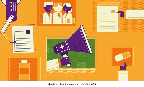 A vibrant healthcare-themed vector illustration featuring medical professionals, tools, documents, and technology symbols, emphasizing innovation and collaboration in medicine and health services.
