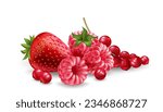 A vibrant heap of red berries raspberry, strawberry, and redcurrant. Fresh, juicy, and realistic fruit illustration for food juice, dessert, jelly, candy, ice cream and graphic design projects.