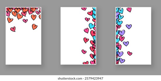 Vibrant heart designs in pink, orange, blue, and purple forming playful borders on white. Vector illustration.