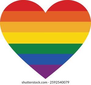 A vibrant heart filled with rainbow stripes symbolizes love and diversity, showcasing shades of red, orange, yellow, green, blue, and purple in a flat design.