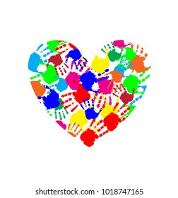Vibrant heart icon made of multicolored hand prints isolated on white background. Vector illustration, logo, clip art. Symbol of childhood, multicultural friendship, love, kindness, piece in the world