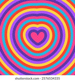 Vibrant heart illustration with textured rainbow concentric rings. Perfect for joyful and playful designs. Vector illustration.