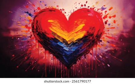 A vibrant heart with rainbow colors and abstract splashes radiates love and diversity. Expressive and bold, this image represents passion, pride, and unity