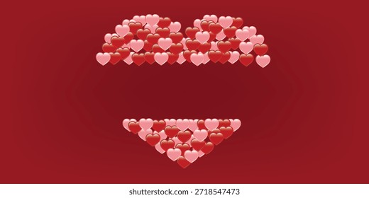 Uma forma de coração vibrante composta por inúmeros pequenos corações vermelhos e rosa doces, dispostos ordenadamente sobre um fundo vermelho sólido, criando um visual doce e romântico.