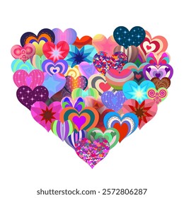 Vibrant heart-shaped collage filled with colorful and decorative hearts, perfect for Valentine's Day themes, love celebrations, romantic designs, elegant floral greeting cards, or festive backgrounds