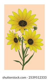 Impressa floral vibrante Helianthus Angustifolius, Arte floral colorida com folhas verdes, Posters florais modernos, ilustração botânica desenhada à mão para decoração