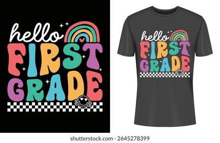 Vibrant Hello First Grade tee design featuring a rainbow and cheerful smiley face perfect for back to school. Kids clothing apparel.