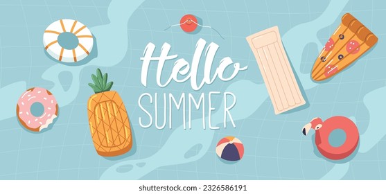 Vibrant Hello Summer Banner Adorned With Colorful Air Mattresses And Floating Rings Top View Cartoon Vector Illustration