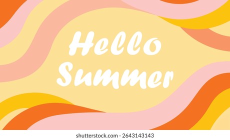 Vibrant hello summer greeting card illustration featuring colorful wavy background and warm tones