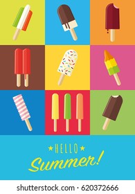 Vibrant hello summer poster with flat design popsicles and ice lollies