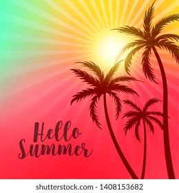 vibrant hello summer poster with palm trees and sun