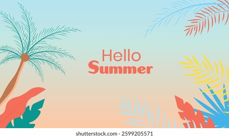 Vibrant Hello Summer tropical background featuring palm leaves, colorful foliage, and a warm sunset gradient. Perfect for seasonal designs, banners, and social media.