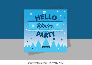 Vibrante post en medios sociales del partido "Hola invierno", animadas imágenes, ideal para anunciar y promocionar con emoción reuniones festivas de temporada.