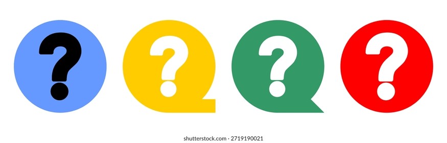 Vibrant Help Desk Query Icons Collection, Multicolor Question Mark Speech Bubbles Set, Four Ways to Ask Abstract Concept Icons
A set of four colorful icons featuring a question mark symbol inside a speech bubble or circular shape, representing the concept of asking for help, finding answers, or general inquiry. The four variations utilize high-contrast color combinations: black on a blue circle, white on a yellow bubble, white on a green bubble, and white on a red bubble. The clean, modern, and flat design makes these ideal for use in user interfaces, Frequently Asked Questions  sections, educational materials, and technical support interfaces to signify a need for information