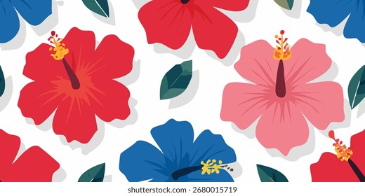 Padrão vibrante da flor do hibisco - Design tropical floral com flores vermelhas, rosa e azuis