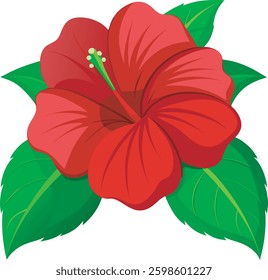 A vibrant hibiscus flower with striking red petals and green leaf illustration on white .