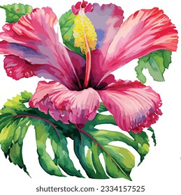 Vibrant hibiscus flowers in tropical paradise in watercolor style