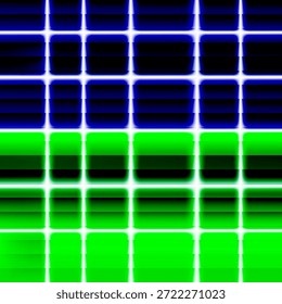 Un fondo abstracto vibrante y de alto contraste con un patrón de malla cuadrada distorsionada. La mitad superior brilla en azul cobalto profundo, mientras que la mitad inferior se transforma en un verde neón eléctrico, separado por un horizonte de efecto glitch agudo.