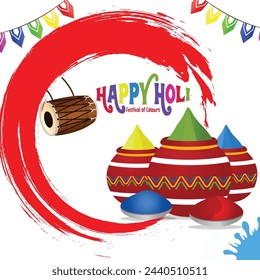 A vibrant Holi banner designed for social media posts, featuring colorful powdered dyes flying in the air against a bright blue sky background, perfect for capturing the festive spirit of the occasion