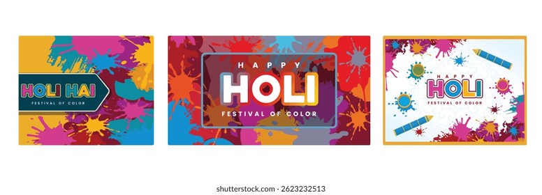 A vibrant Holi celebration. Celebrating Holi with splashes of paint. Holi festival with colorful splashes, water balloons, and pichkaris. Holi hai concept. Set flat vector illustration