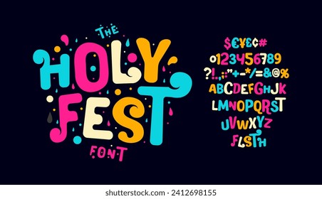 Vibrant Holi Festival alphabet, spirited and colorful letters, joyous event font for lively invitations, energetic headline, playful typography for festive designs and promotional. Vector typeset