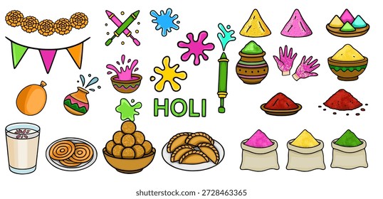 Elementos vetoriais vibrantes do festival Holi com pós coloridos, armas de água e doces tradicionais