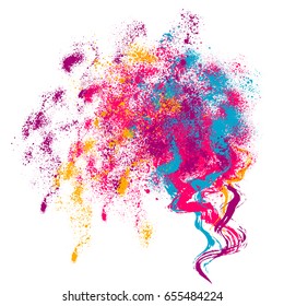 Vibrant Holi powder paint cloud element. Isolated on white background. Indian Festival of Colors. Dry brush strokes and spray stains. Perfect for invitations and greeting cards. Vector illustration.