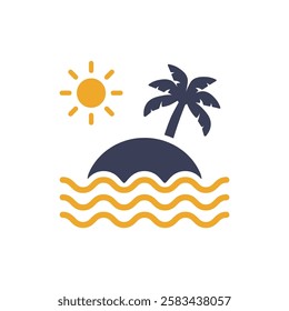 A vibrant holiday icon that beautifully represents the essence of summer travel with a radiant sun, a lush palm tree, and gentle waves, making it ideal for all vacationthemed designs