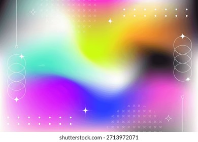 Vibrant holographic gradient background with abstract geometric shapes and bright neon color transitions for design