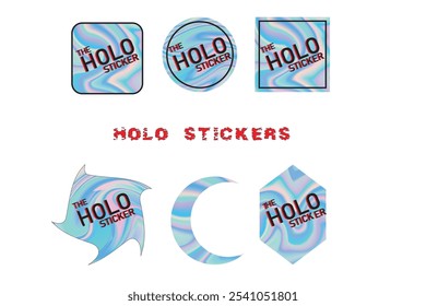  Pegatinas holográficas vibrantes en diversas Formas con el texto "The Holographic Sticker", irradiando efectos de luz coloridos.	