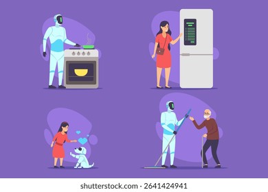 In vibrant home setting, robots helping with cooking, pet care, and chores while woman interacting with them. Integration of robotics in everyday life concept