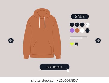 A vibrant hoodie is featured in an online store's add to cart interface, showing various size options and colors, The user interface invites interaction, promoting easy shopping