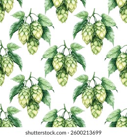 Vibrant  hops cones and green leaves in a seamless pattern on white. Perfect for brewing designs, beer branding, natural themes, and craft aesthetics. Fresh and detailed artwork.