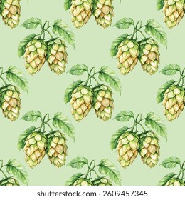 Vibrant  hops cones and green leaves in a seamless pattern on white. Perfect for brewing designs, beer branding, natural themes, and craft aesthetics. Fresh and detailed artwork.