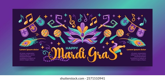 A vibrant horizontal banner for Mardi Gras and Carnival, featuring colorful masks adorned with feathers, festive garlands, and cheerful maracas. Perfect for celebrating joy and tradition in style