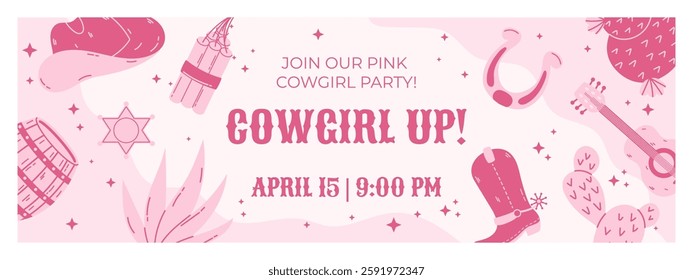 A vibrant horizontal banner for a pink-themed cowgirl party, featuring hats, boots, cacti, sheriff badges, and western props for festive celebrations.