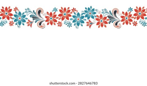 Vibrant horizontal floral border consists of repeating red and blue stylized flowers with swirling black leaf accents.