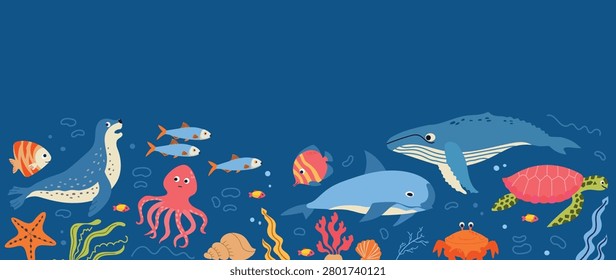A vibrant horizontal layout banner featuring an adorable collection of cartoon sea animals and marine life creatures swimming together in a deep blue ocean. This playful hand-drawn illustration includes a whale, dolphin, shark, seal, sea turtle, octopus, and colorful coral reefs. Highly marketable for children's bedroom wallpaper, nursery fabric design, educational marine biology books, aquarium branding, kids' apparel prints, and nautical-themed party invitations.