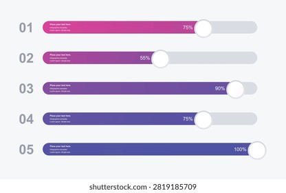 Vibrant horizontal loading bar vector infographic design featuring purple gradient status markers for data visualization in modern business presentation projects