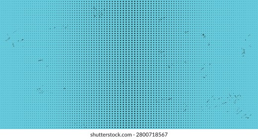 A vibrant horizontal pop art background featuring a black halftone dot gradient over a bright cyan blue backdrop. This high-contrast retro comic book texture is subtly overlayed with a distressed grunge print effect, showcasing fine scratches and ink splatters. It delivers excellent commercial utility as a dynamic graphic asset for streaming channel banners, creative packaging design, vintage posters, modern streetwear apparel graphics, punk rock album covers, and gaming community website backgrounds.
