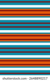 Vibrant horizontal stripes in teal, white, burnt orange, and dark brown create a bold, geometric pattern.