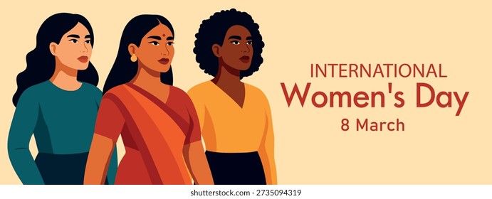 Vibrant horizontal vector banner for International Women's Day, March 8. Women of different cultures, skin colors, and nationalities unite. Diversity, gender equality, women's empowerment movements