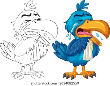 Vibrant hornbill illustration in vector style, showcasing expressive emotions with bold colors and detailed linework