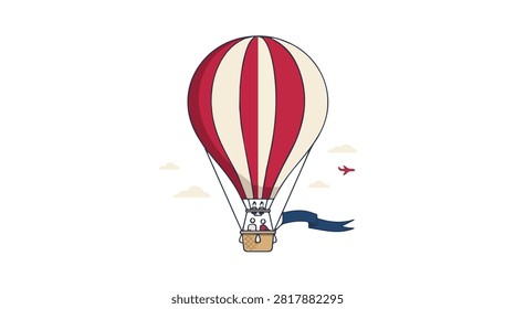 Vibrant hot air balloon with red white and beige colors floating in blue sky with fluffy clouds and trail on a bright day
