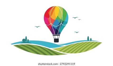 Vibrant hot air balloon soaring above scenic green fields and blue lakes with birds flying in the distance in a vector scene.