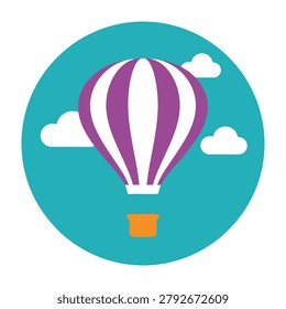 Vibrant hot air balloon soaring through blue sky with fluffy white clouds, symbolizing freedom and adventure
